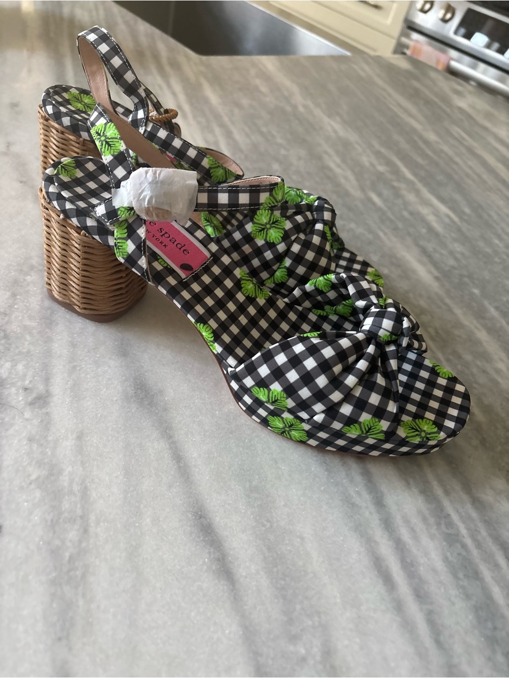 kate spade Black & White Gingham Slingback Heels with Green Floral Accents size